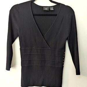 Tailor by B. Moss Women's Black Faux Wrap Fitted Knit Sweater Top. Size Small